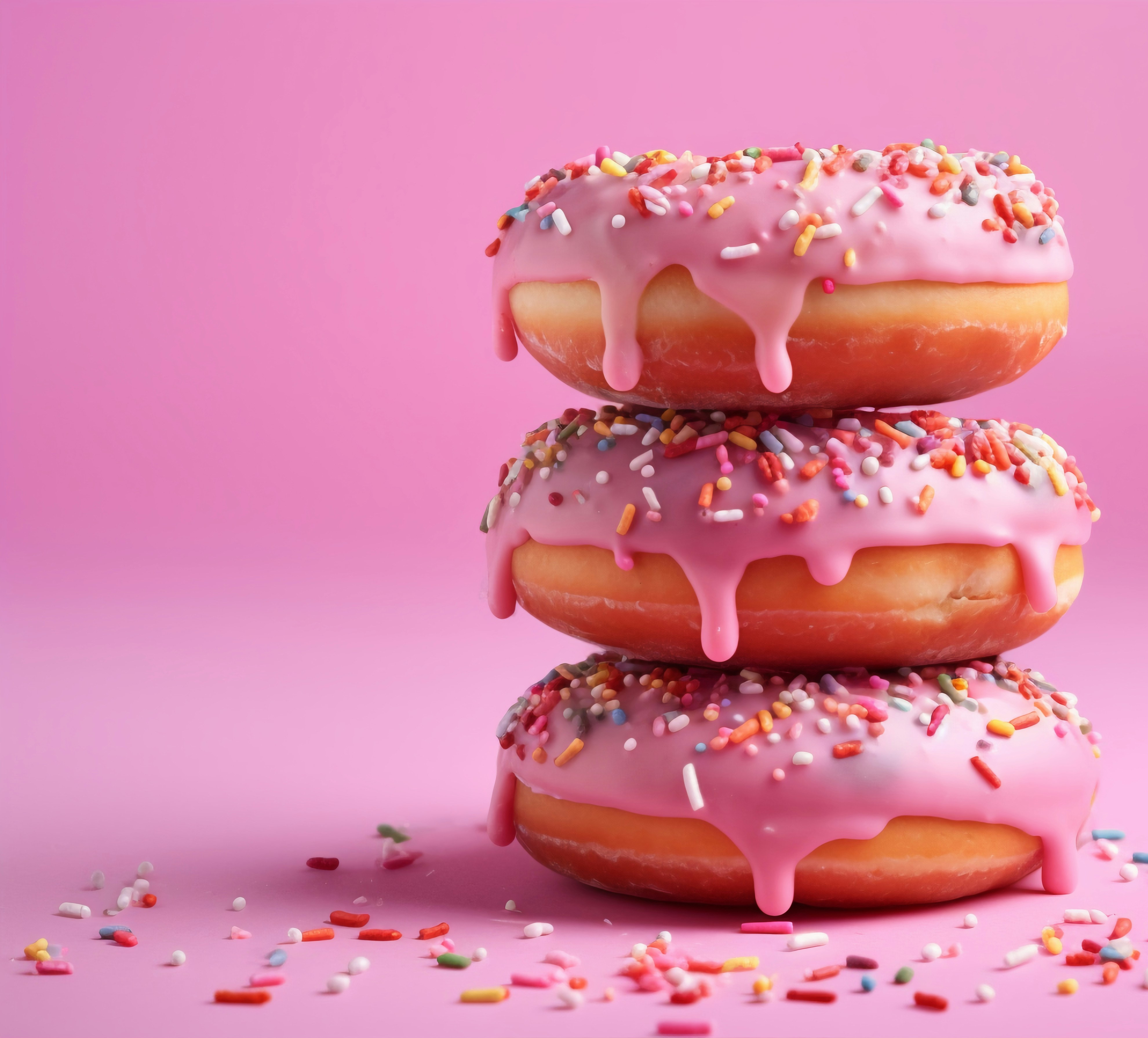 Stack of pink frosted donuts with colorful sprinkles